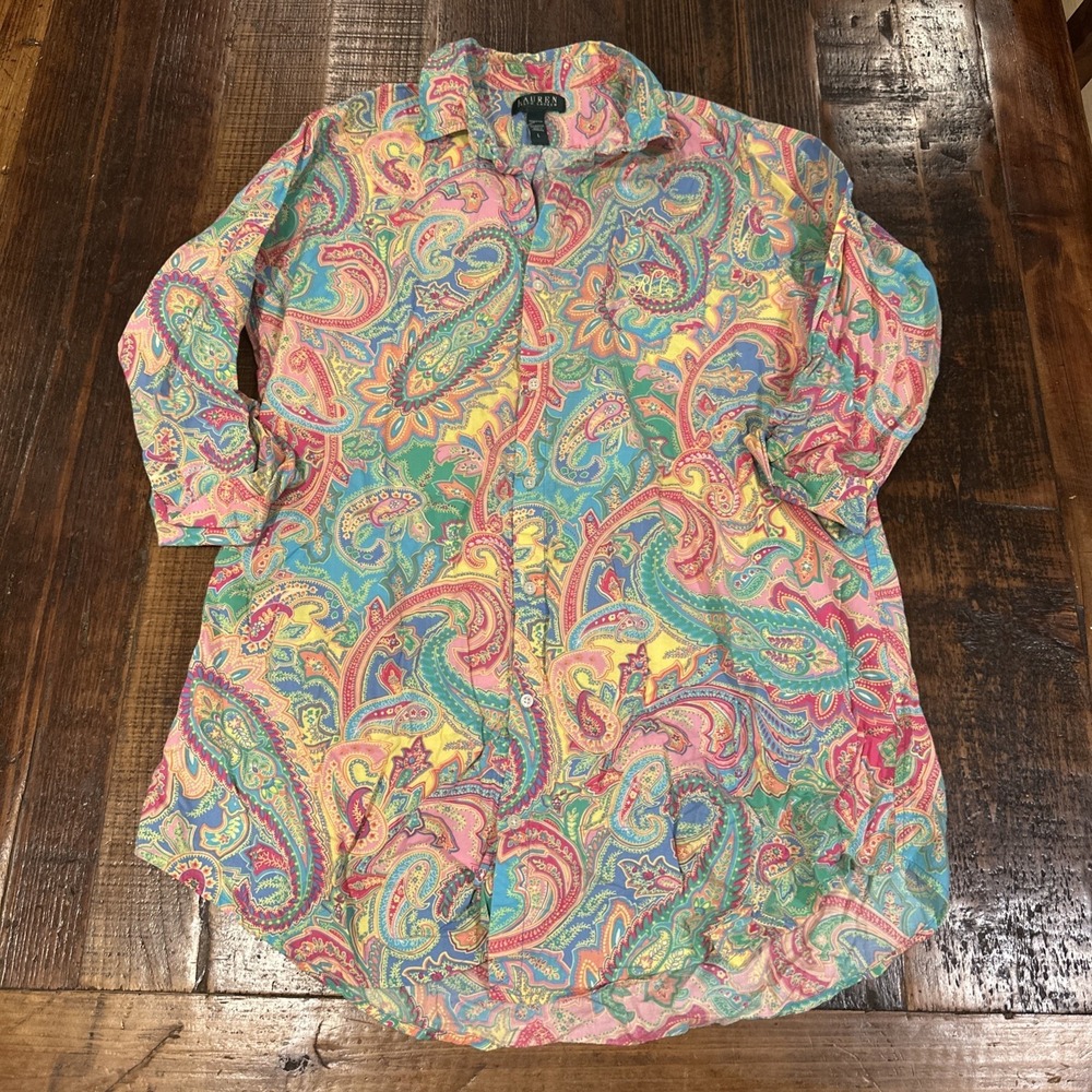 LRL Lauren Ralph Lauren Paisley Button-Up Tunic Shirt 3/4 Sleeves Women's Size L